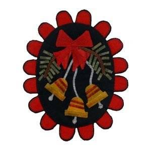 oval shaped wool wall hanging featuring bells and a red ribbon
