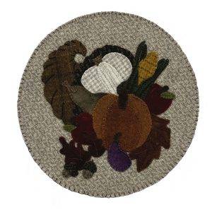 hand-embroidered wool table centerpiece / candle mat with cornucopia, pumpkin, and leaves