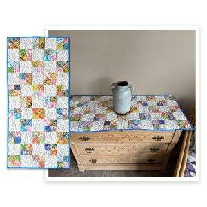 Multi-image of our "Daisy" table runner in use and an overview