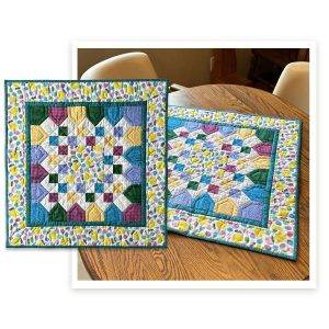 Multi-image of our "Peeps" Easter themed table runner in use and an overview