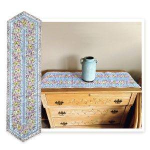 Multi-image of our "Spring Flowers" seasonal home decor table runner in use and an overview image