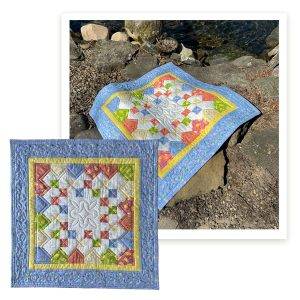 Multi-image of our "Flying Kites" tabletop home decor table runner in use and an overview image.