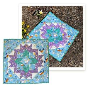 Multi-image of our "Spring Bunnies" tabletop home decor table runner in use and an overview image