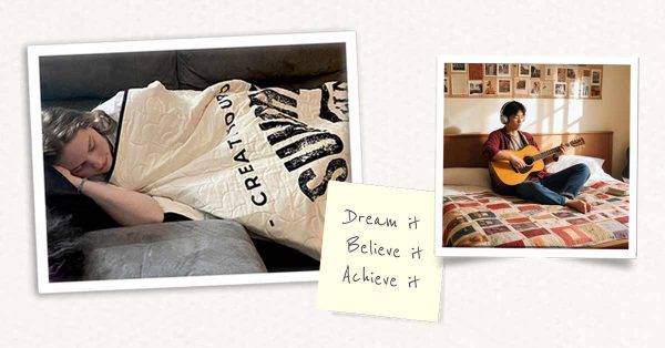 Two photographs of lap and bed quilts with a college student playing guitar on his bed and a woman naping with a lap quilt on the couch