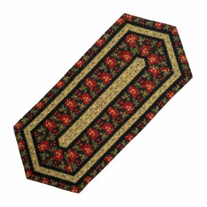 Cotton table runner with stylized red peonies. Measures 18x42 inches.