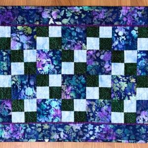 "Purple Fantasy" Table Runner 20 x 40, purple, blue and pink flowers with green and light blue squares