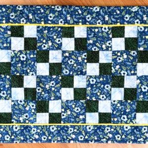 "Blue & Yellow Posies" Table Runner 20 x 40, blue, yellow and pink posies with green leaves on blue background