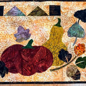 "Pumpkins & Squash" Table Runner 17 x 36, golds, purples, browns, greens, reds, leaves, pumpkins, squash